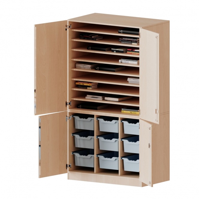 Bastelschrank, 5 OH, 4-türiger Schrank mit 9 hohen Boxen, zweiteilig, B/H/T 104,5x190x65cm 